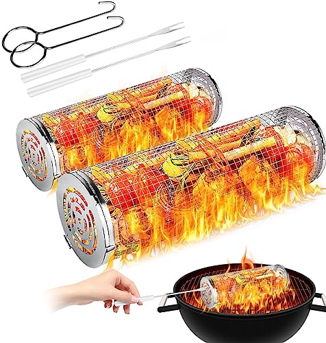 Flintronic 2pcs Rodante Parrilla Barbacoa Acero Inoxidable Cilíndrica, Cesta Para Parrilla De Barbacoa De Acero Inoxidable, Cesta De Parrilla Para Barbacoa Cilíndrica, Para Verduras, Fritas