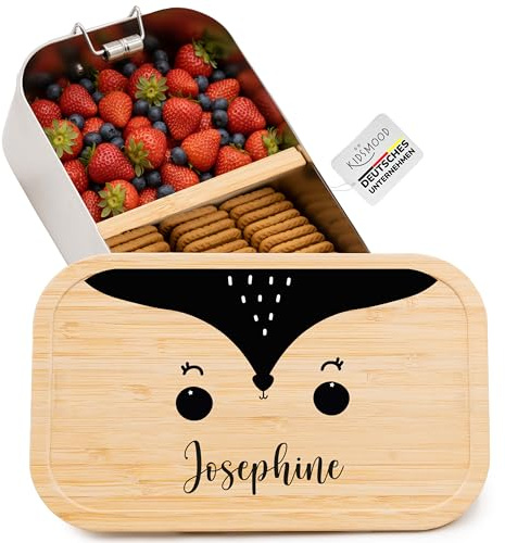 Kidsmood - Brotdose personalisiert mit Namen – Edelstahl Lunchbox mit Fächern für Kindergarten, Schule & Büro mit süßem Reh Gesicht – Geschenk zur Einschulung für Kinder & Mädchen (750ml)