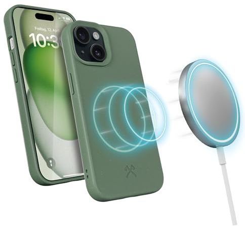 Woodcessories - BioCase, Magnetische Handyhülle für iPhone 15 Plus kompatibel mit MagSafe, Hülle mit Magnet grün - Nachhaltig aus Pflanzen