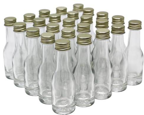 Aromhuset Lot de 25 bouteilles en verre vides de 20 ml avec bouchon à vis en aluminium doré avec joint EPE | Anti-fuite | Transparentes | Petites bouteilles à remplir pour liqueurs, schnaps, épices et