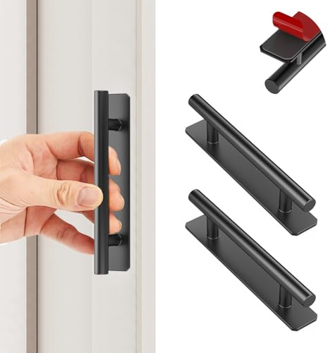 KIKISML 2 Stück Selbstklebende Möbelgriffe, Aluminium Schrankgriffe, Schubladengriffe, Ohne Bohren Griffe, Türgriff für Küchen/Balkontür/Schiebetür/Fenster (150mm Schwarz Round)