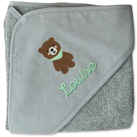 upstitch studio Grünes Mädchen-Kapuzenhandtuch für Baby (75x75cm) mit Namen personalisiert Bestickt aus 100% Baumwolle - Babyhandtuch und Kinderhandtuch - grün