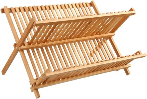 Avilia Escurridor de Platos Plegable de 2 Niveles bambú: practicidad y organización para tu Cocina 34P x 42L x 25H cm, Color Madera