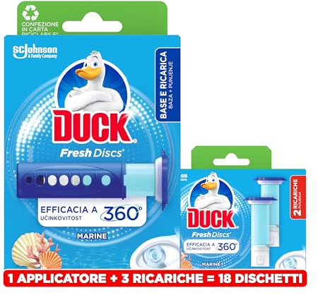 Duck Fresh Discs, Detergente Bagno con Applicatore, Dischi Gel Igienizzanti WC, Profumo Brezza Marina, Confezione con 1 Applicatore, 18 Dischetti Gel