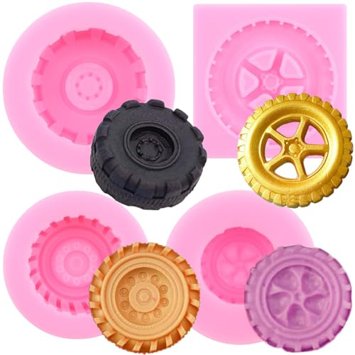 RFGHAC 3D Runde Reifen Fondant Form LKW Rad Form Silikonform für Kuchendekoration Cupcake Topper Schokolade Süßigkeiten Gummipaste Basteln Polymer Clay 4 Stück