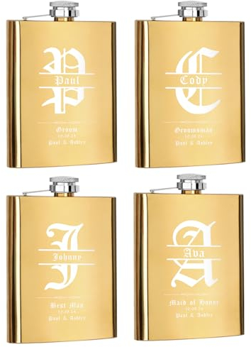 Lot de 4 flasques personnalisées pour garçons d'honneur, cadeaux de demoiselle d'honneur, 227ml, en acier inoxydable gravé pour homme et femme, flasques personnalisés pour cadeau de fête de mariage