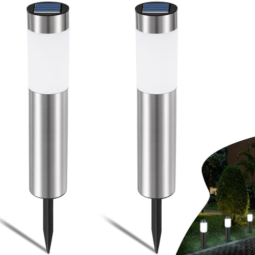 Heinstian Luces Solares LED Exterior Jardin, Luz Solar Exterior Jardin Impermeable, Blanco Frio Lamparas Solares Exterior con Interruptor para Pasarela, Patio, Césped, Suelo (2 Piezas)