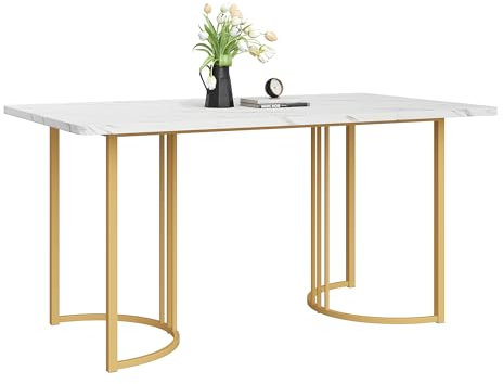 LERFAN Rektangulärt matbord, modernt köksbord med marmormönster, bordsskiva och metallben med inställningsfunktion för matsal vardagsrum, 140 L x 80 B x 75 H cm vit + guld