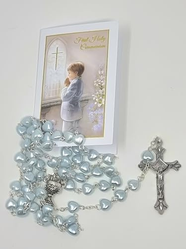 celebrationgiftsforall Rosenkranz zur Erstkommunion für Jungen, Perlen-Blau, Herz-Rosenkranz in einem Kunststoffetui mit einem Rosenkranz und Geheimnis-Aufführungsdetails/Gebets-Geschenk-Set für Ihn