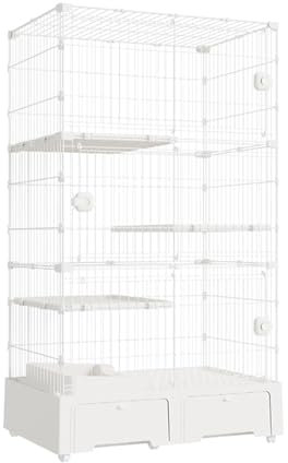 Großes Outdoor-Katzenhaus auf Rädern mit DIY Metall-Laufstall, Hundehütte, begehbarer Katzenkäfig für Indoor-Katzen, Aktivitätszentrum mit 3 Sprungplattformen und Katzentoilette, Weiß