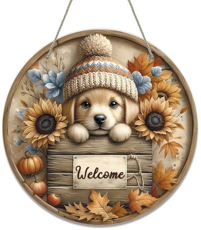 HEYINSHEN Fall Welcome Door Sign Dog Puppy Fall Wreath Decor for Home Welcome Fall Sign for Front Door Farmhouse Sunflowers Pumpkin Maple Leaves Wall Hanging Sign for Thanksgiving Autumn Harvest Decor