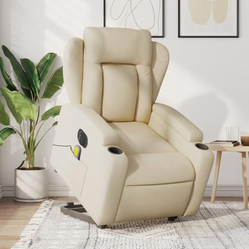 IKAYAA Liegesessel, Relaxsessel, Massage Sessel, Massagestuhl, Fernsehsessel, Wohnzimmer Sessel, Elektrischer Massagesessel mit Aufstehhilfe Creme Stoff