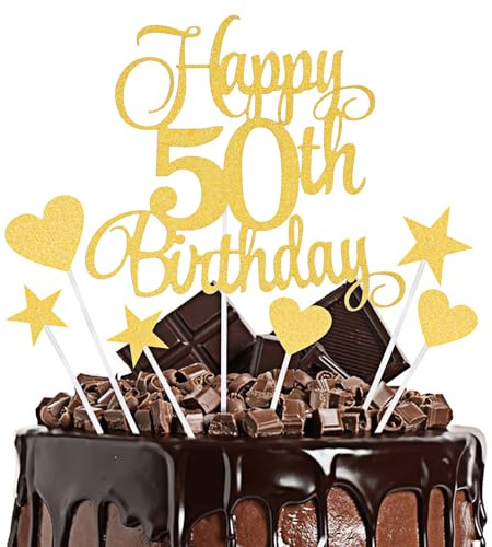 Tortenaufsatz-Set Happy 50th Birthday Glitzernde Kuchendekoration aus Papier Glitzernde Cupcake-Bannerstäbe Gebäckdekor Schilder-Set für Jubiläumsparty-Zubehör