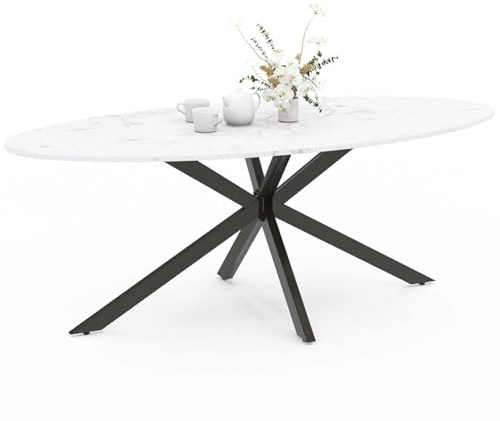 IDMarket - Table à Manger ovale ALIX 10 personnes pied araignée métal Noir et Plateau Effet marbre Blanc Alaska 200 cm