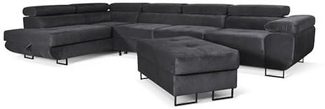 SOFILAND Aller Lang XL Modernes Design Ecksofa mit Schlaffunktion, Bettkasten in Ottomane, Hocker mit Stauraum – Tierfreundlicher Waterproof-Welvet, inkl. 2 runde Kissen, Ottomane Links. (Dunkelgrau)