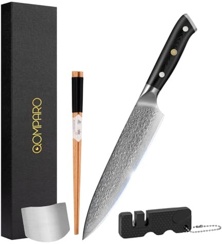 Qomparo Damastmesser Profi Kochmesser 20cm-Klinge 67 Lagen Damaststahl, Japanisches Kochmesser extrem scharf mit ergonomischem G-10 Griff inkl Geschenkverpackung