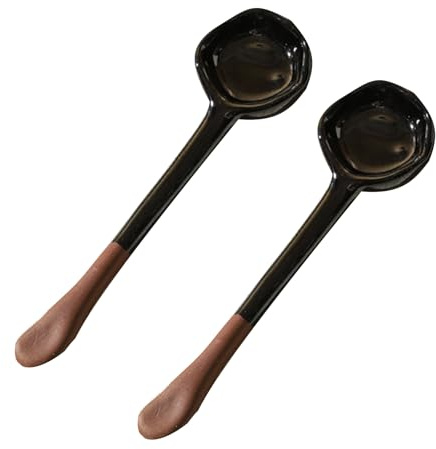 Jarsense Ceramic Ramen Soup Spoons - Japanese Retro Black Ladles, Set of 2 for Pho, Miso, Cereal, and Sauces