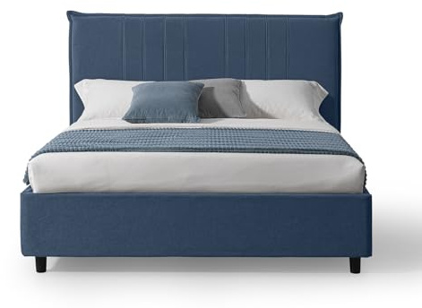 EVERGREENWEB Letto Matrimoniale con Contenitore Salvaspazio 160x190 cm, Testiera in Tessuto Blu Imbottita, Struttura Rinforzata Facile da Montare, Rete a Doghe in Legno, Design Moderno, BILBAO