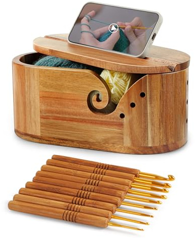 Oval Yarn Bowl, Crochet Yarn Holder with 9pcs Knitting Hooks, Yarn Storage Crochet Bowl Knitting Gift for Crocheters, Large Yarn Bowl Acacia Wooden 11.3x5.9x4.7inch (Acacia Yarn Bowl with Lid)