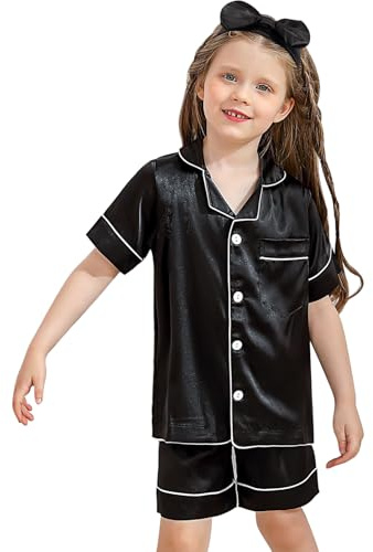 cenozo Pyjama Fille Garçon Ensemble en Soie avec Bandeau Boutons Pyjama Vêtement de Nuit Tenue de Maison Ensemble de Vêtements