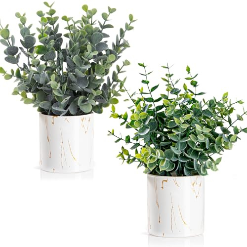 2 Pack Artificial Eucalyptus Plants, White Ceramic Pots, Faux Greenery Decor with Different Leaf Styles, Small Fake Potted Plants for Table, Desk, Home, Bathroom, Office Decor