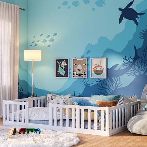 Bellabino Tapi Bett 140x200 cm, Kinderbett mit Rausfallschutz, inklusive Lattenrost, Montessori Bodenbett für Jungen und Mädchen aus Kiefer Massivholz, weiß lackiert, Bed