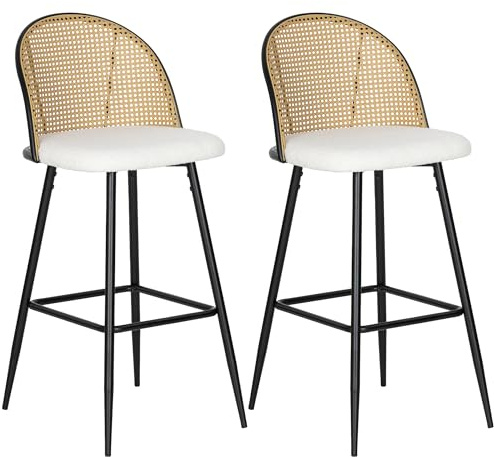 HOMCOM Set di 2 sgabelli da bar, sgabelli alti da cucina con schienale in rattan, seduta imbottita in borreguito, telaio in acciaio e poggiapiedi per sala da pranzo, bancone, bianco crema