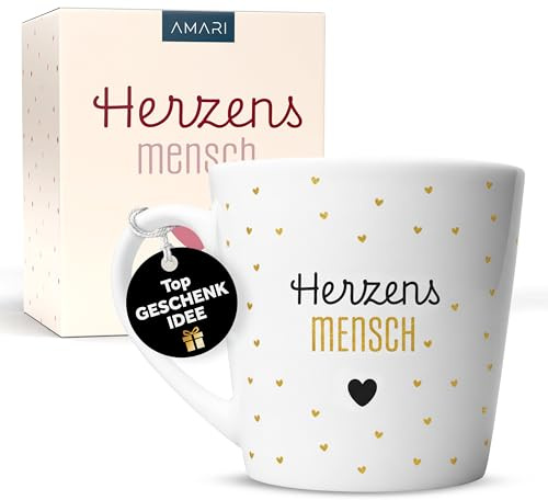 Amari ® Tasse – „Herzensmensch“ – Geschenk für Freundin, Partner & Familie – Liebevoller Kaffeebecher – Premium Keramiktasse 325 ml – Spülmaschinenfest
