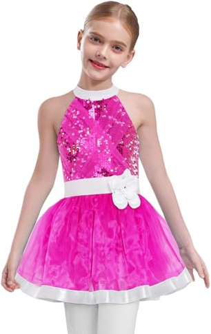 inlzdz Kids Girls Ballet Dance Dress Jazz Latin Ballroom Dancing Costume Ballerina Sequins Tutu Skirt Leotards Hot Pink 7-8 Years