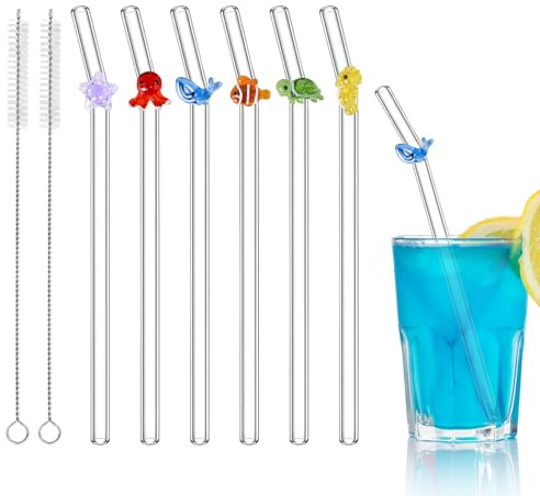6 graziose cannucce in vetro infrangibili con 2 spazzole per la pulizia, cannucce colorate riutilizzabili per decorazioni per feste a tema oceano, succhi, spiaggia estiva, feste di compleanno (animali