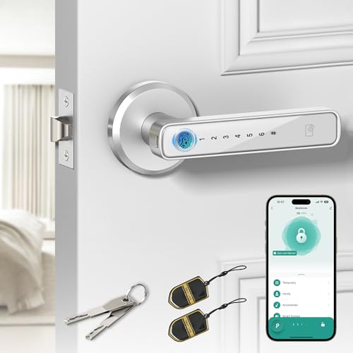 Amerdeco Smart Fingerprint Door Lock, Biometric Keyless Entry Door Lock with APP - Cards - Backup Key - Fingerprints - Codes for Bedroom Hotel Office Apartment and More(White)