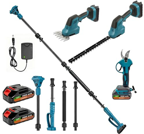 Teleskop Heckenschere Akku mit 2 x 2000mAh Batterien, Handliche Grasschere Elektrisch mit Segmentierte Verlängerungsstange, 25mm Mini Akku Astschere, Brushless Motor, für Garten & Baumpflege
