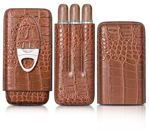 Volenx Estuche para puros, humidor de 3 tubos con cortador de puros, humidor portátil de viaje, hecho de piel de cocodrilo, grano