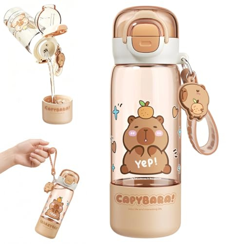 KUWUNG Capybara - Botella de agua para niños, tapa y llavero, bonita botella con pajita de silicona, vaso y pico para oficina, exterior y viajes