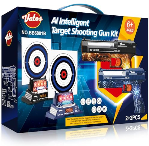 VATOS 2 Pcs Intelligentes Schießziel-Set mit wiederaufladbarer Laser Tag Pistole, Elektronischer automatischer Punktezählung und Echtzeit-Sprachfeedback, 4 Schießmodi, Zielspiel für Kinder