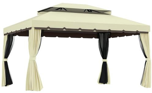 Outsunny Gazebo da Giardino 3x4 m con Tende Rimovibili, Zanzariera e 8 Fori di Drenaggio, Gazebo da Esterno in Alluminio e Poliestere con Tetto Doppio, per Giardino, Balcone, Feste, Campeggio, Crema
