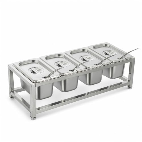 SUNNYNEST 4-Grid Stainless Steel Spice Box Set with Lid & Spoon Food-Grade | Condiment Storage Container, Removable Compartments for Bar, Restaurant & Home Kitchen