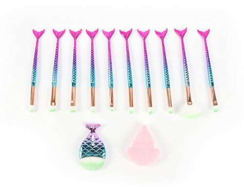 Riven Brochas de maquillaje de sirena, 11 brochas de maquillaje profesionales con kit de polvos para sombra de ojos, corrector