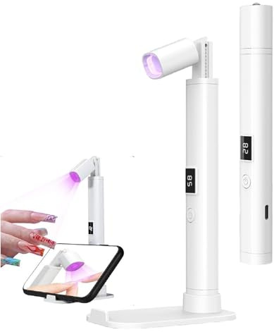 Mini Lámpara UV LED Uñas con 4 Cabezales de Silicona y Soporte Secador de Uñas Portátil 45S Temporizador Pequeña Semipermanentes Luz UV Manos Libres para Manicura Gel DIY Arte de Uñas