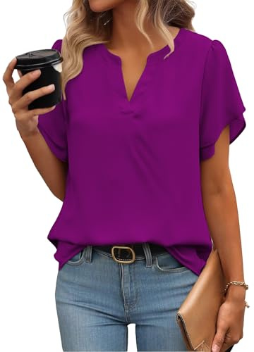 Zeagoo Womens Tops Summer Chiffon Blouse Ruffle Short Sleeve Shirts | V Neck | Work Blouses | Business Casual | Double Mesh Blouse | Floral Tunic Top | S-XXL