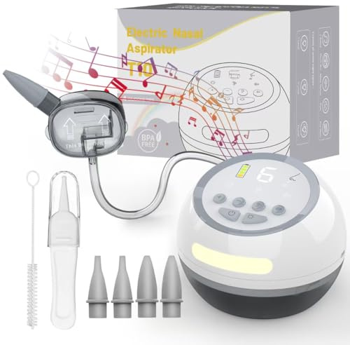 Aspirateur nasal électrique pour bébé avec 6 niveaux d'aspiration, aspirateur nasal électrique pour bébé avec grand bac de récupération, chargement USB avec 4 buses en silicone, musique, bruit blanc