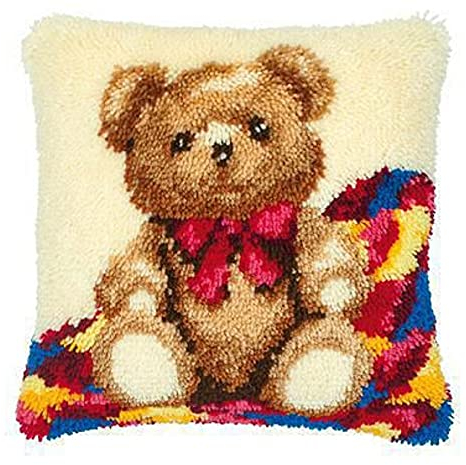 VERVACO Knüpfkissen Set Deko Kissenbezug Knüpfset für Anfänger BÄR Basteln Erwachsene Kreativ DIY Handarbeit Set Kissen zum Selber Knüpfe ca. 40 x 40 cm Latch Hook Kit Knüpfhaken Zubehör Kissen