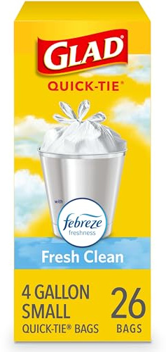 Glad Small Trash Bags 4 Gallon, Febreze Fresh Clean Garbage Bags, Odor Resistant with Quick Tie, 26 Count