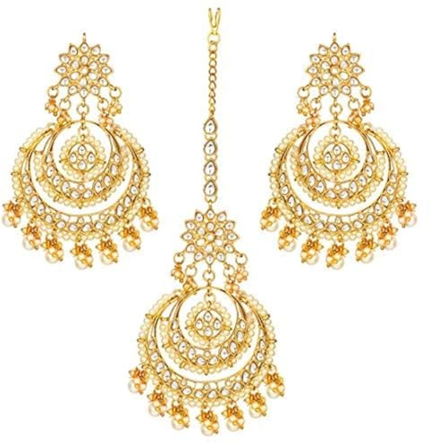 Aheli Bollywood Ethnic Chandbali Style Big Earrings Maang Tikka Set Traditional Fashion Jewelry for Women (White)