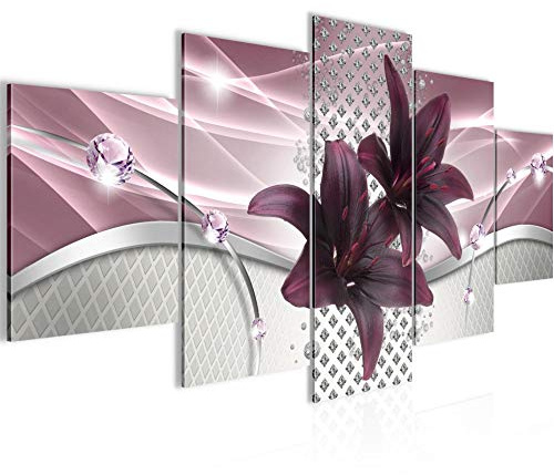 Runa Art Bild Wohnzimmer Schlafzimmer Blumen Lilien 5 Teilig Abstrakt Grau Violett Wandbilder auf Vlies Leinwand 022453b