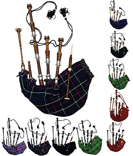 Schottischer Dudelsack in voller Größe, Palisanderholz oder braunes Finish mit silberfarbenen Halterungen, inklusive Anleitungsbuch, Tragetasche, Drohne, Schilfrohr (braun, schwarze Uhr)