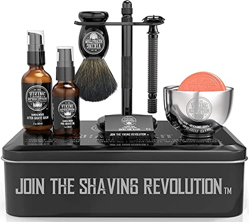 Viking Revolution - Luxus Rasierset Für Manner - Sicherheitsrasierer mit Doppelter Schneide, Ständer, Schale, After-Shave-Balsam, Pre-Shave-Öl, Dachs-Bürste, Rasierhobel Herren - Geschenke Für Männer