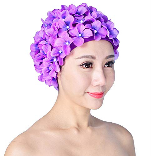 Gorra de natación para mujer, gorro de natación retro transpirable con flores - gorro de baño de pétalos, Morado (, Talla única