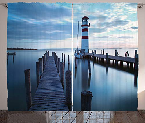 ABAKUHAUS maritim Rustikaler Gardine, Leuchtturm Meer bei Sonnenaufgang, Schlafzimmer Kräuselband Vorhang mit Schlaufen und Haken, 280 x 175 cm, Dunkelbraun Blaugrau