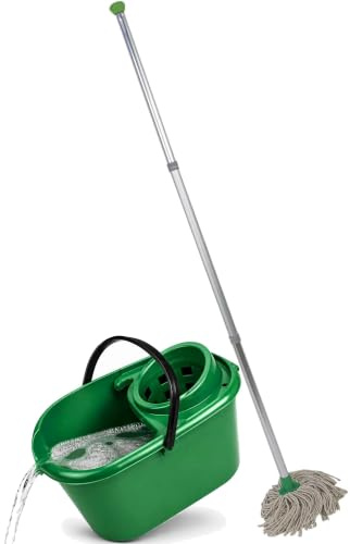 Abbey Professional Mop and Bucket Set Heavy Duty with Wringer and Two Traditional Cotton Mop Heads for Cleaning Floors – Strong Aluminum Mop Handles – Mop Bucket Capacity 12L with Pouring Lip (Green)